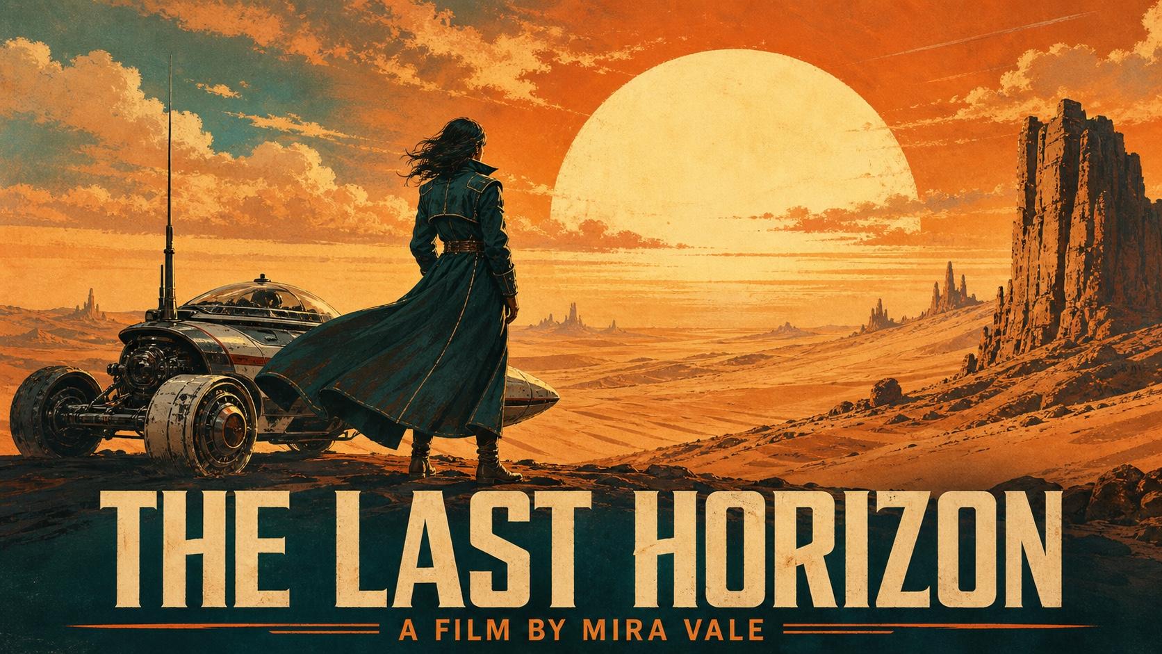Retro science fiction movie poster showing an explorer and rover beneath a giant desert sun