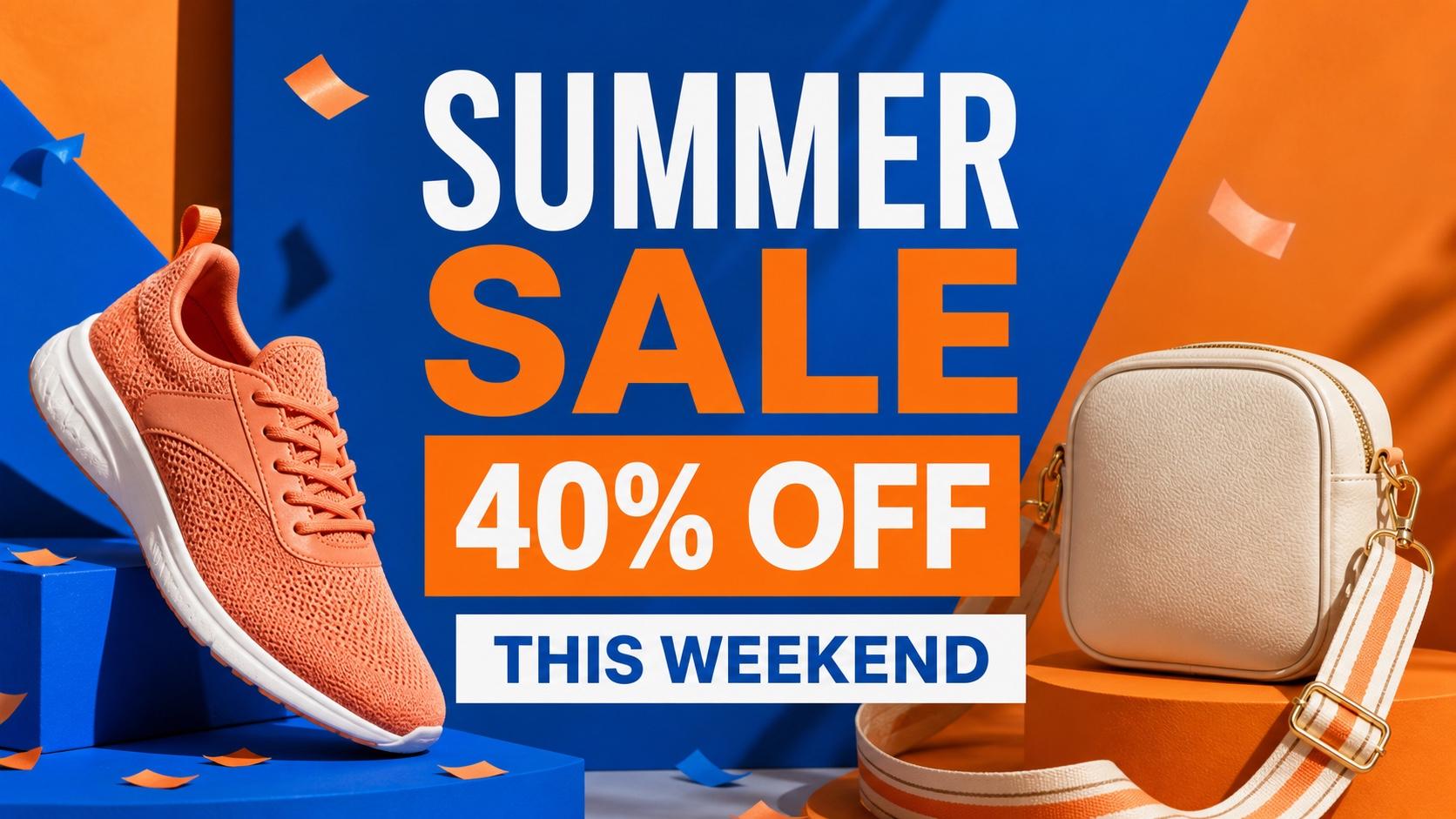 Blue and orange summer sale poster featuring a sneaker, handbag, 40 percent discount, and weekend offer
