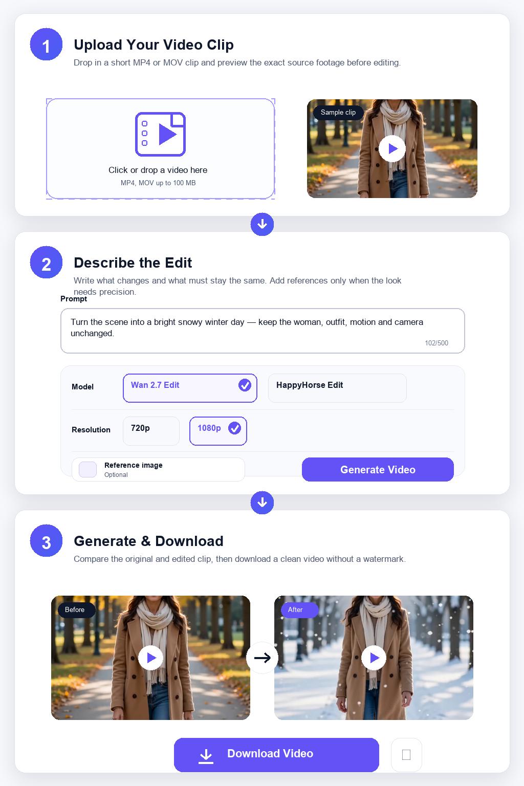 AI Video Editor workflow showing video upload, prompt-based editing, model and resolution selection, before and after video preview, and video download