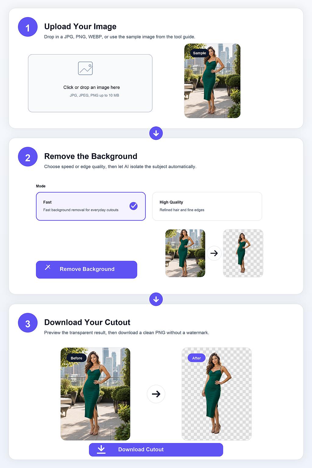 AI Background Remover workflow showing image upload, fast or high quality mode selection, background removal, transparent preview, and cutout download