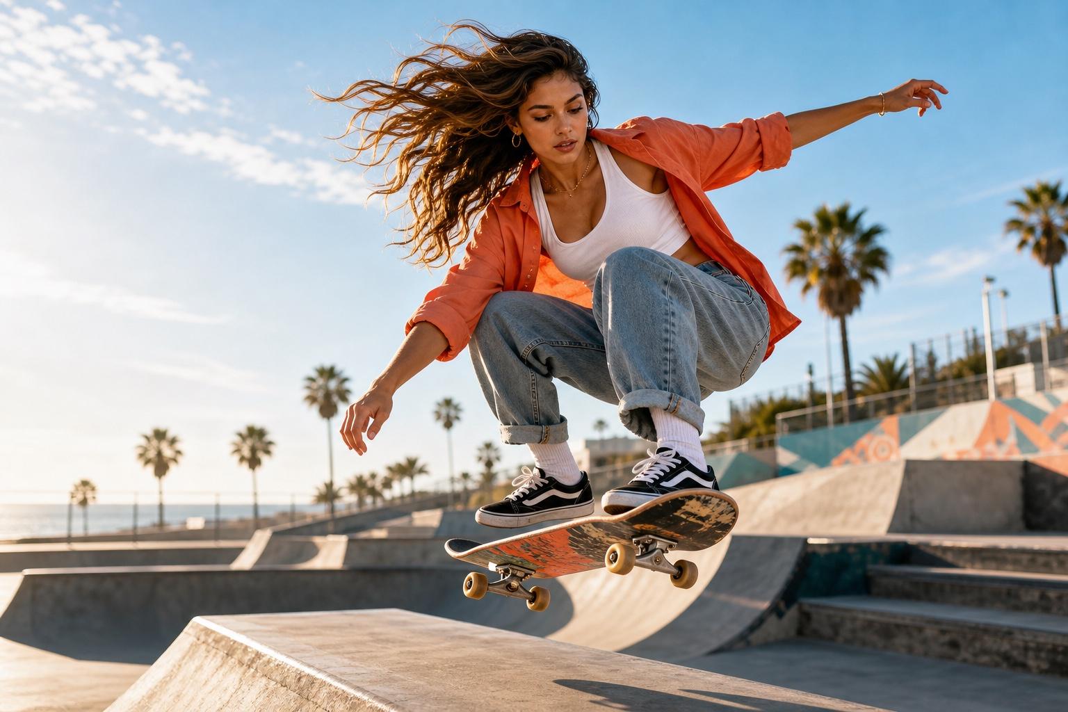 Fashionable young woman performing an advanced skateboard trick at a sunny skatepark