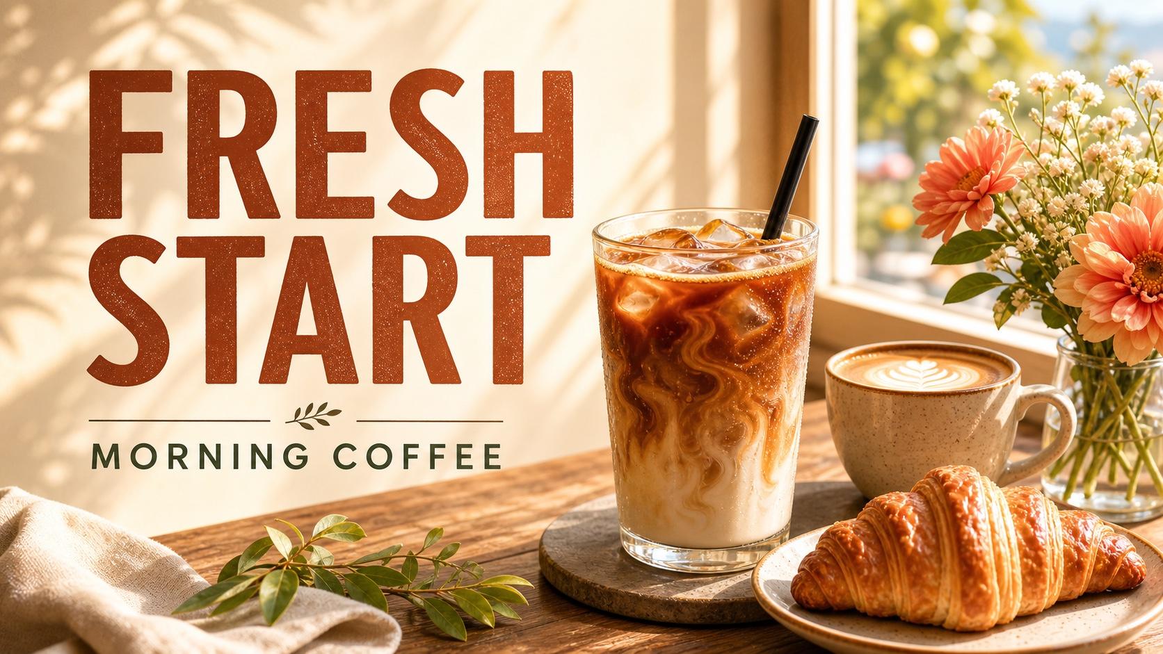 Sunny coffee poster with readable FRESH START and MORNING COFFEE text