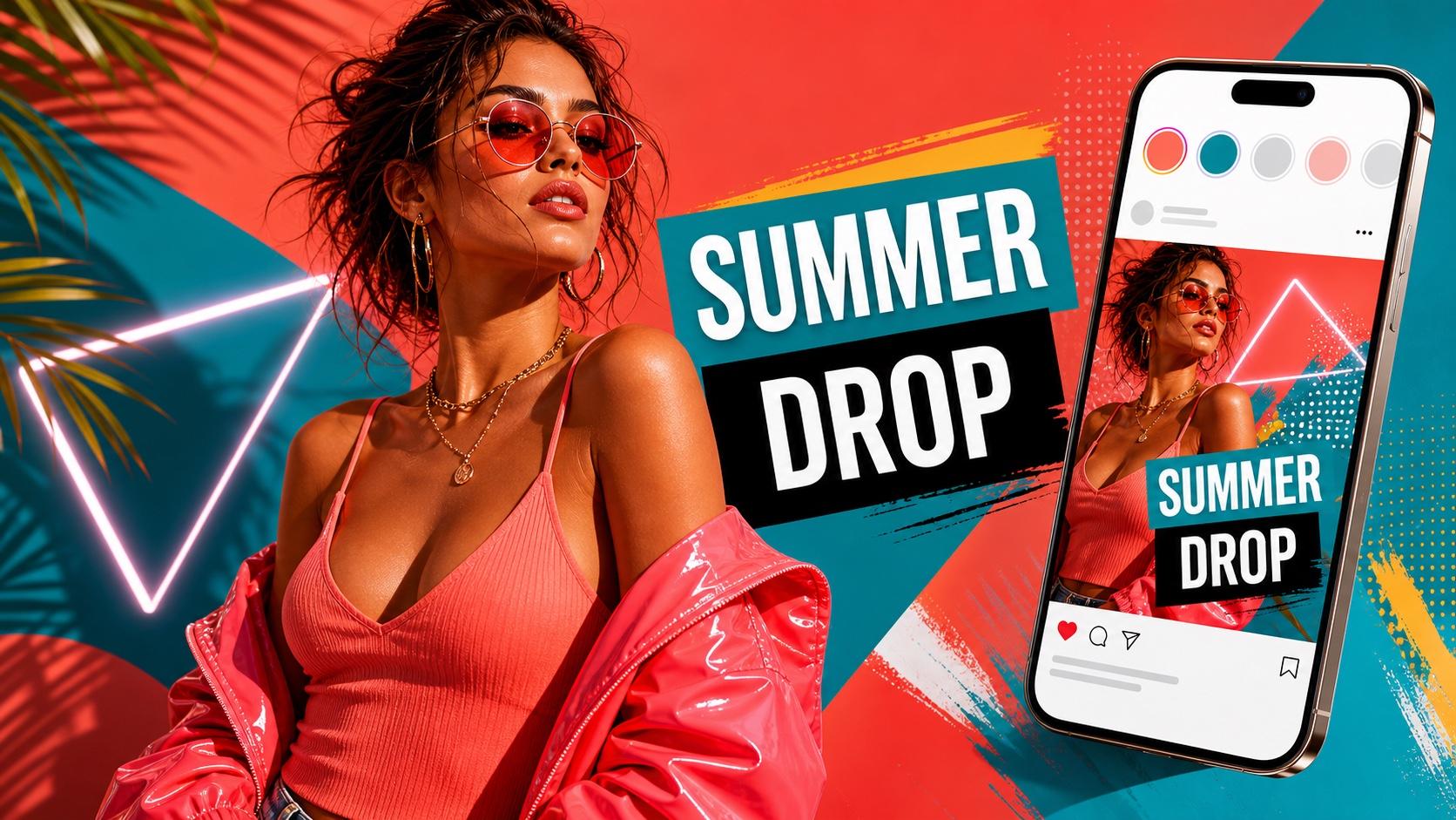 Fashion social campaign graphic with readable SUMMER DROP text and a phone preview