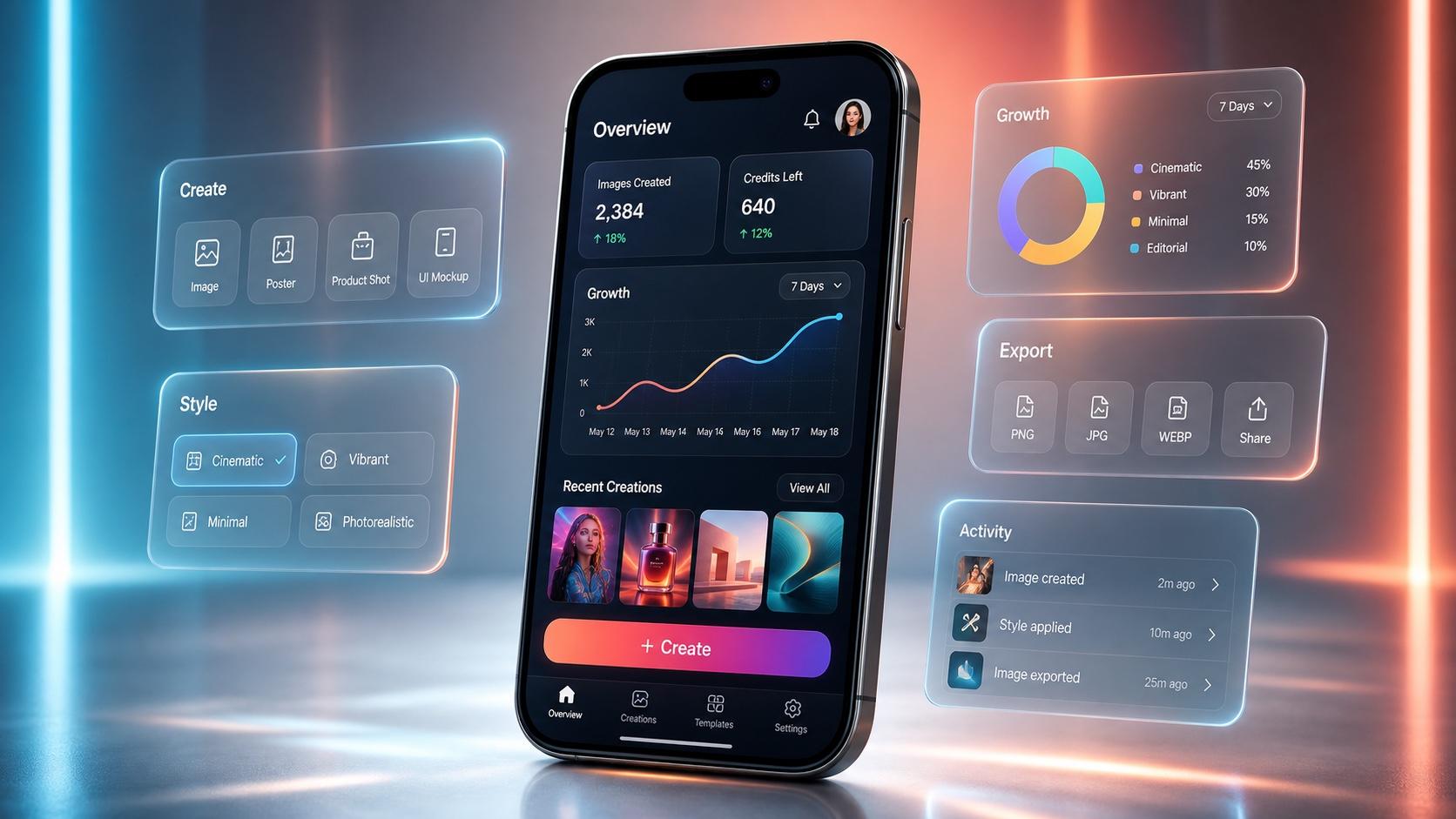 Mobile app UI concept with a smartphone and floating interface panels