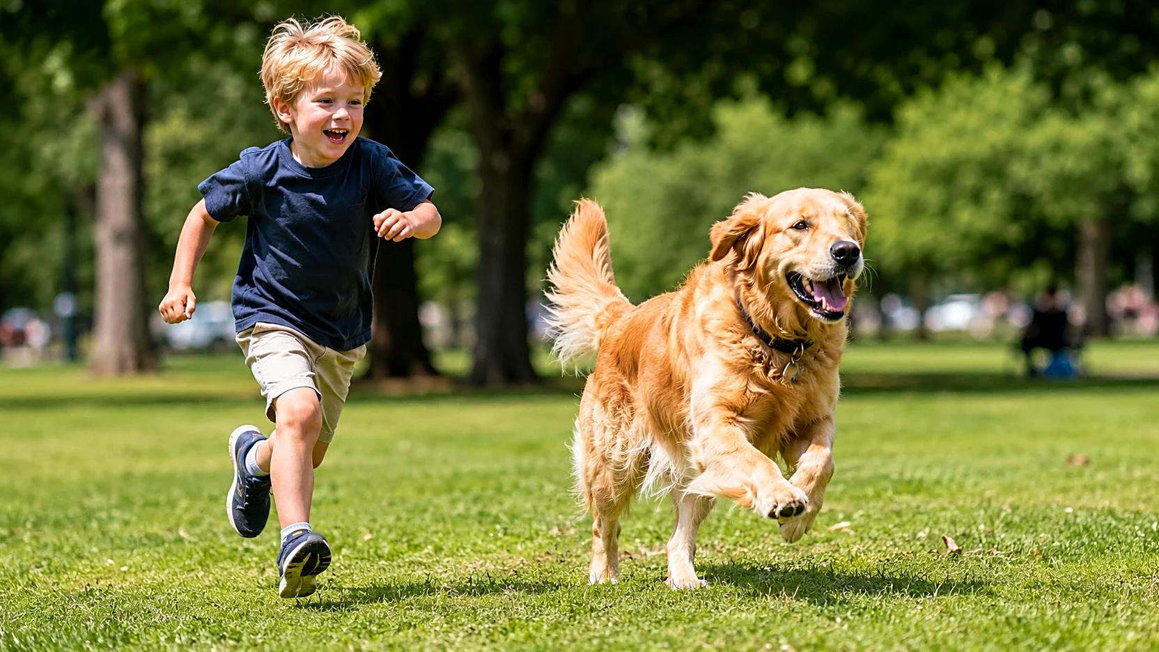 Sharp, in-focus photo of a child running with a dog after AI unblur