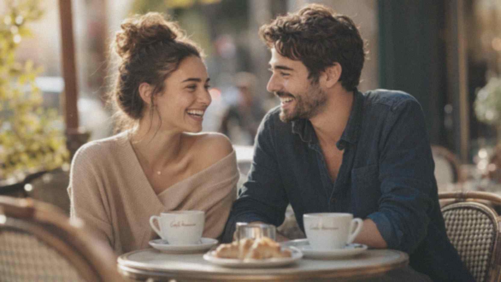 Blurry, washed-out photo of a couple at a café before AI enhancement