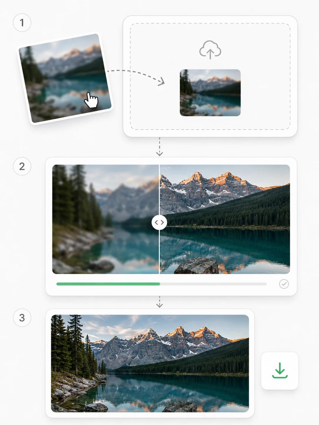 Three steps to fix a blurry photo online: upload the blurry image, the AI enhancer sharpens it with a before-and-after comparison, then download the crisp result