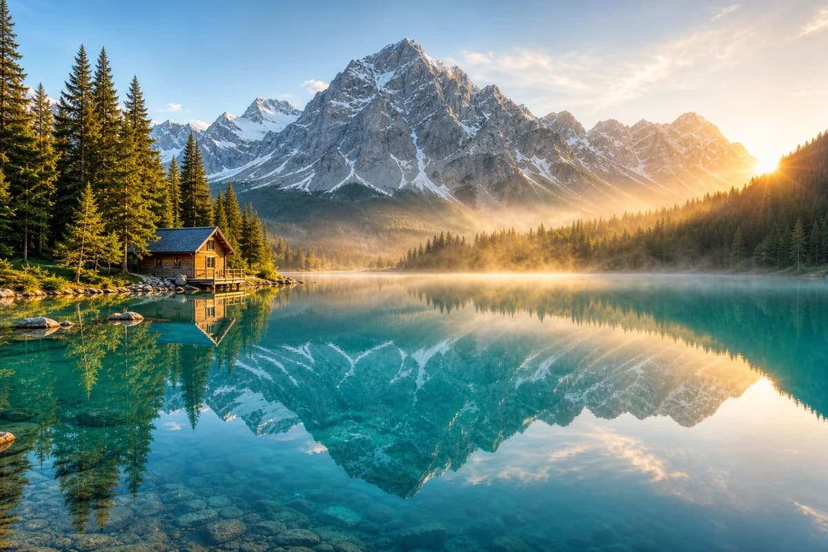 A small cabin beside a turquoise alpine lake with mountains reflected in the water