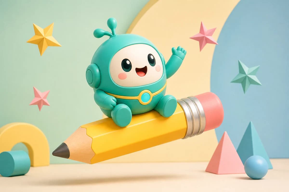 A cute teal robot mascot sitting on a giant yellow pencil in a pastel studio