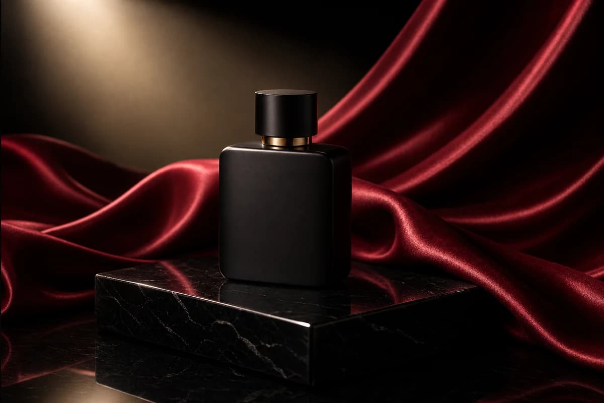 A matte black perfume bottle on a glossy pedestal with deep red silk fabric