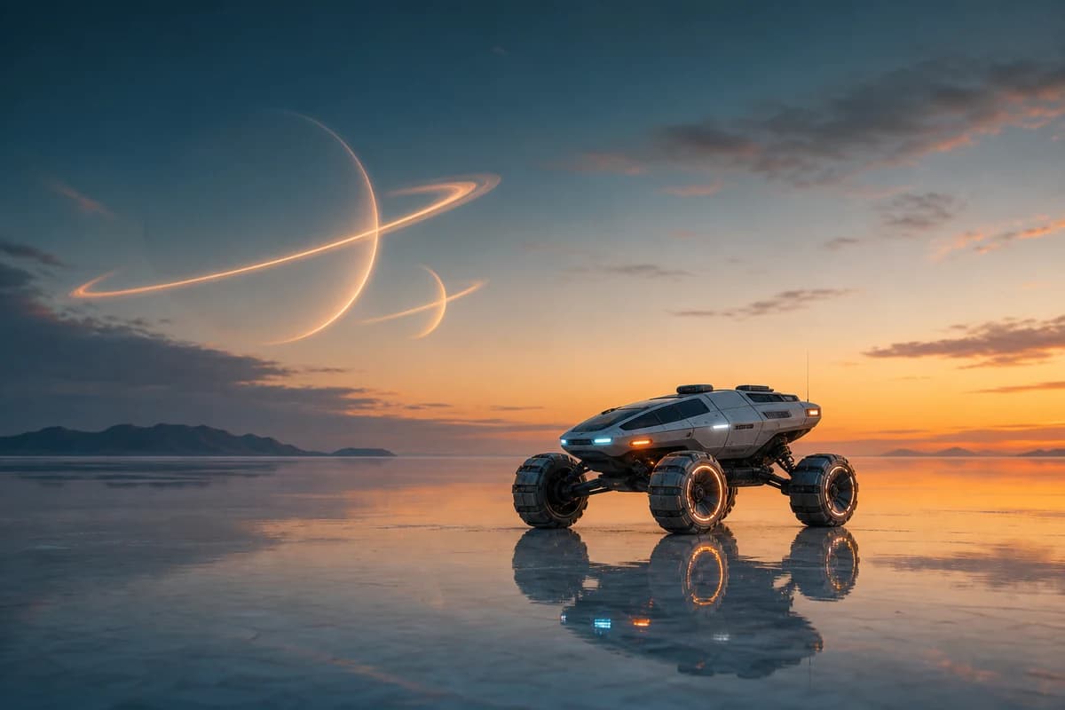 A futuristic rover on a reflective alien salt flat beneath ringed planets