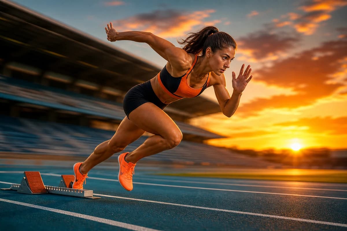 A sprinter launching from the starting blocks on a stadium track at sunset