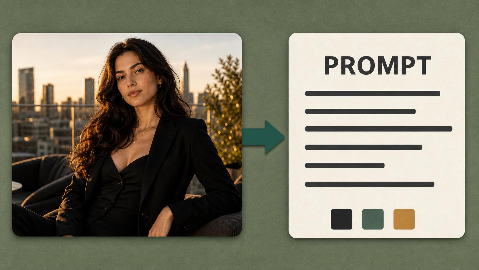 A rooftop portrait transformed into a structured AI image prompt