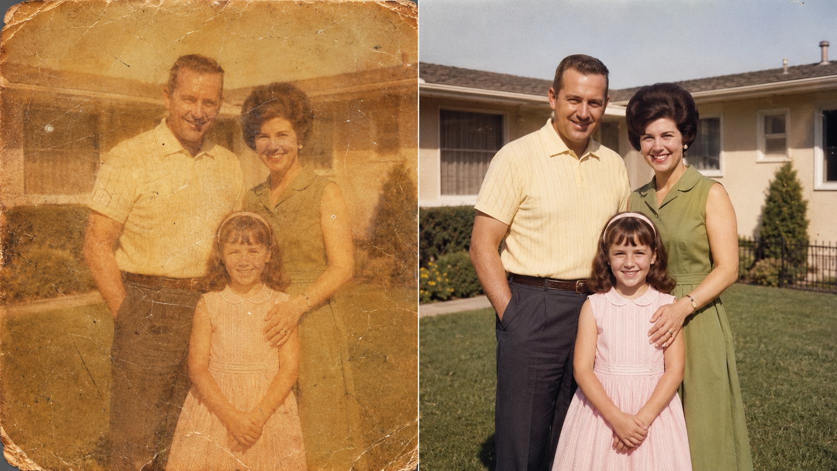 Yellowed, worn 1960s family photo on the left and the AI-restored version with clear faces and true colors on the right