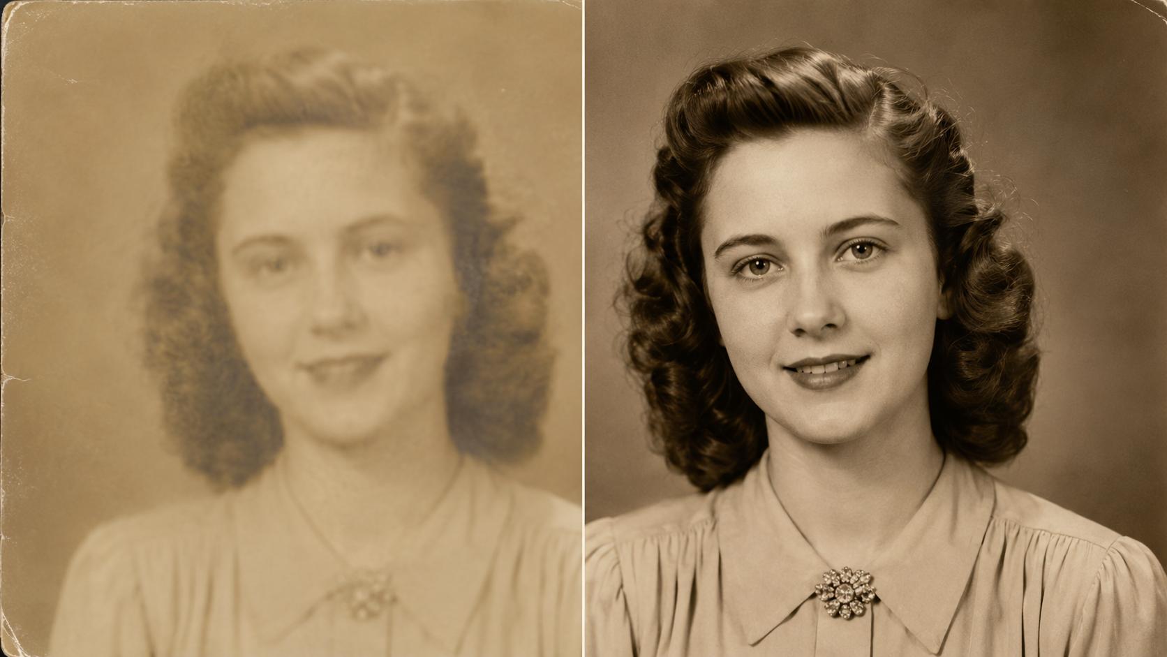 Faded, blurry 1940s portrait of a young woman on the left and the AI face restoration result on the right — sharp eyes, detailed hair, same recognizable person