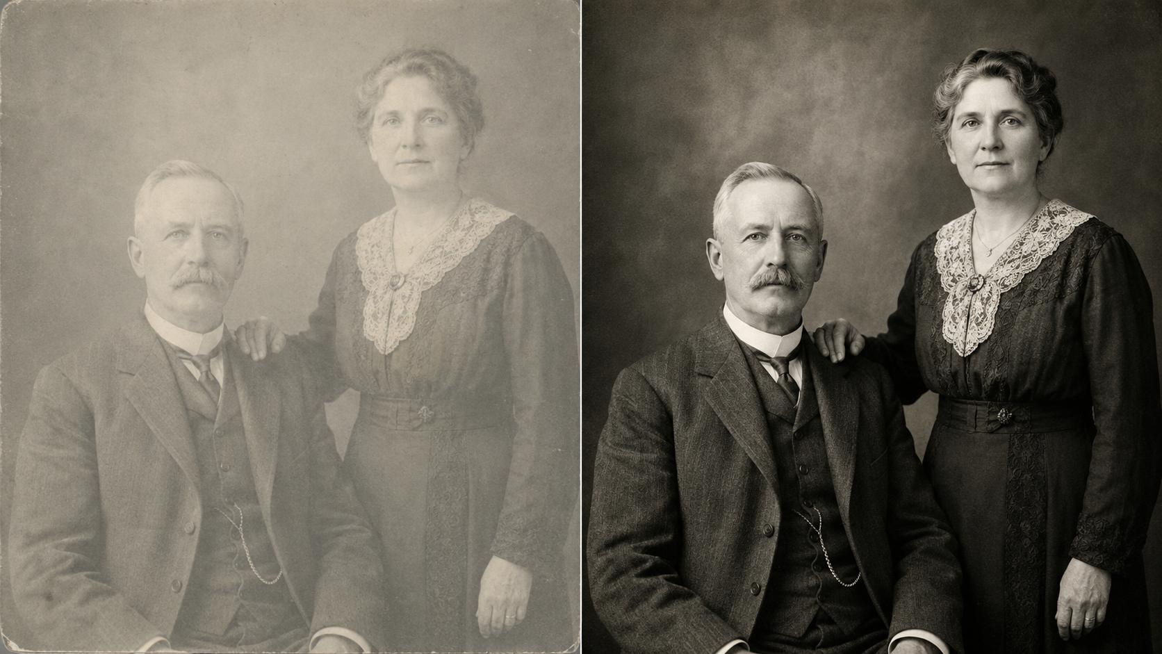 Pale, washed-out early-1900s studio portrait of an elderly couple on the left and the AI-restored, reprint-ready version with deep tones and sharp detail on the right