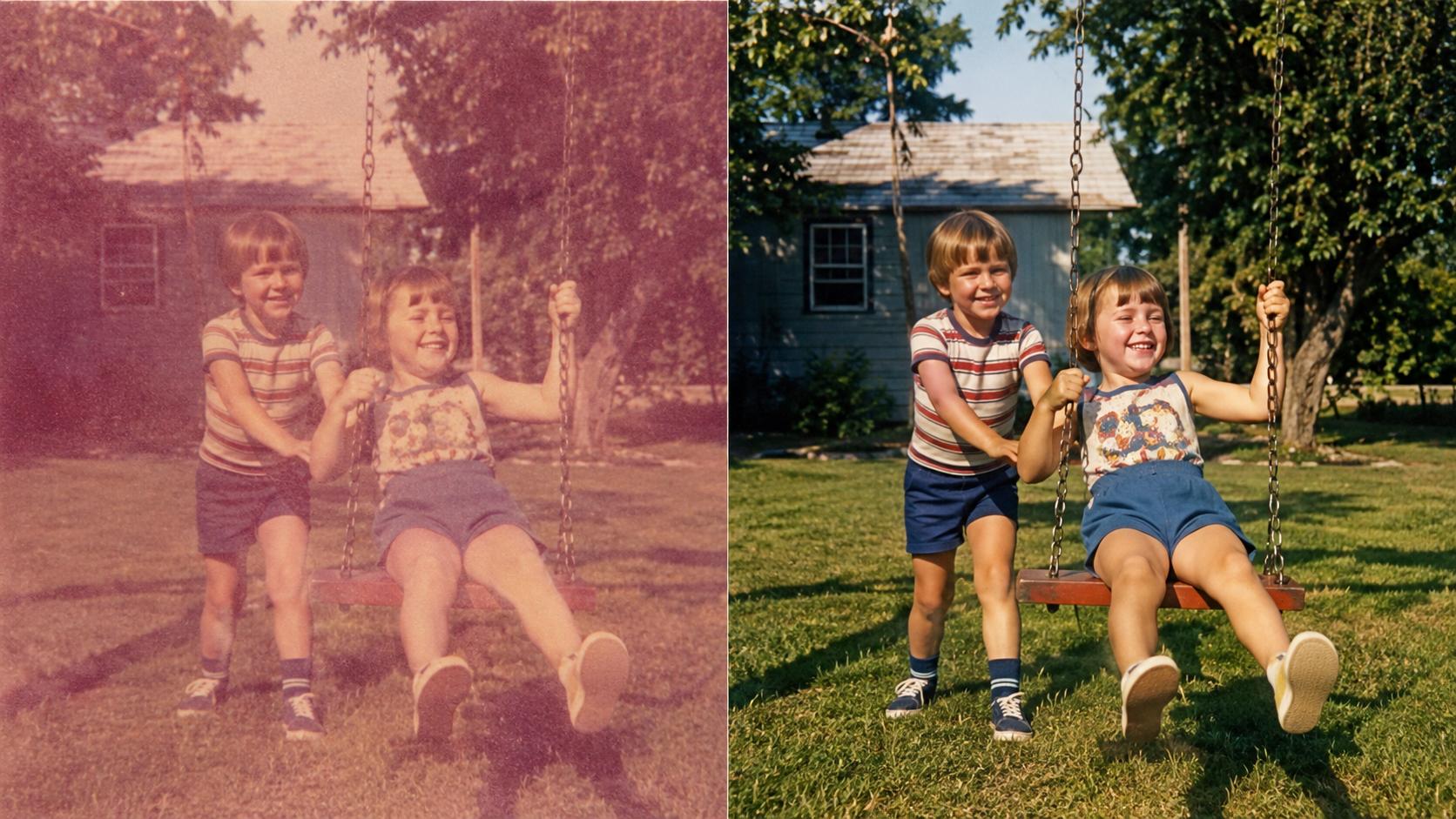 Faded, grainy 1970s snapshot of two kids on a backyard swing on the left and the AI-restored version with vivid color and sharp detail on the right