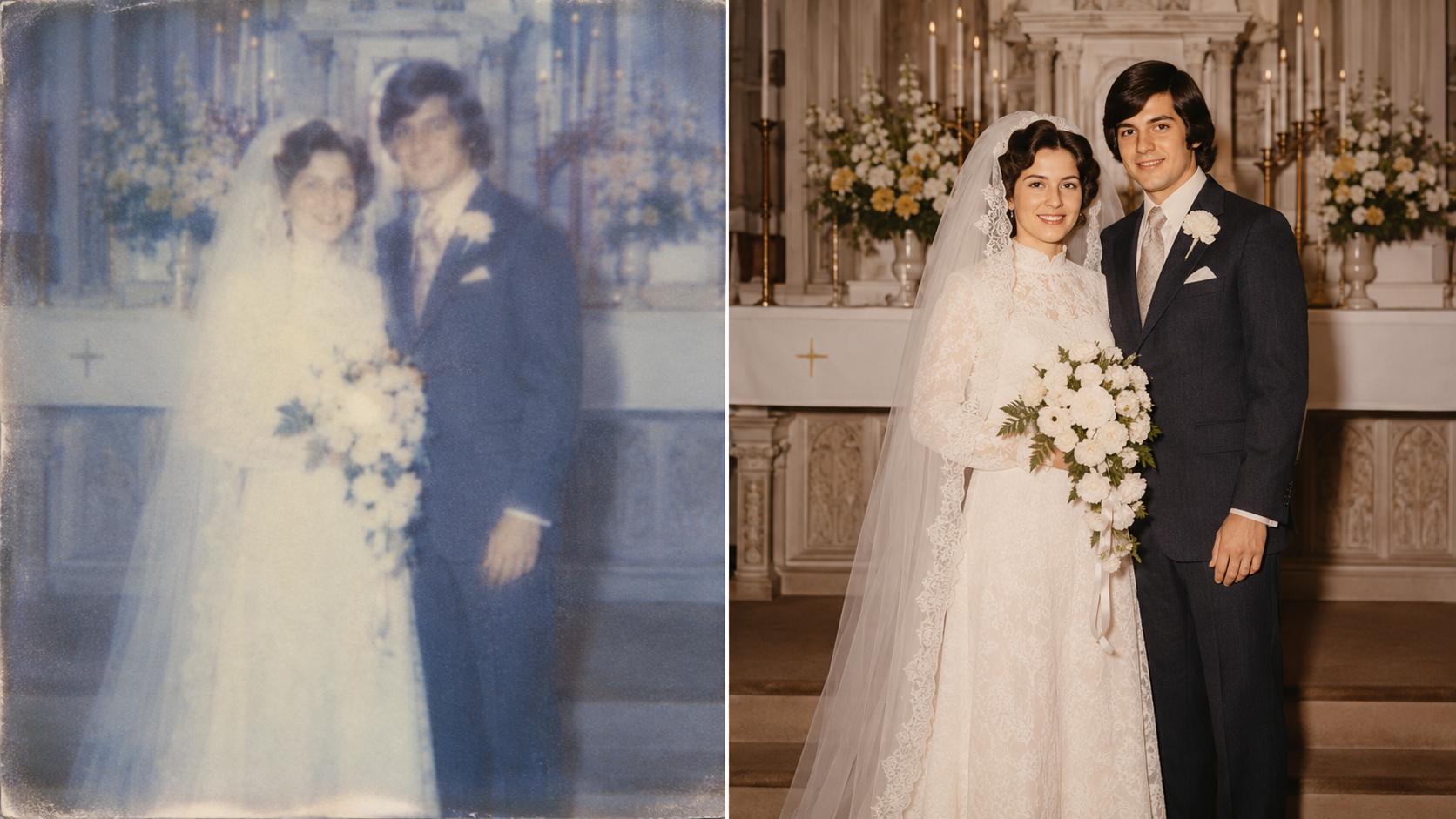 Faded, blurry 1970s wedding photo on the left and the same photo restored by AI old photo restoration on the right — sharp faces, true colors, high resolution