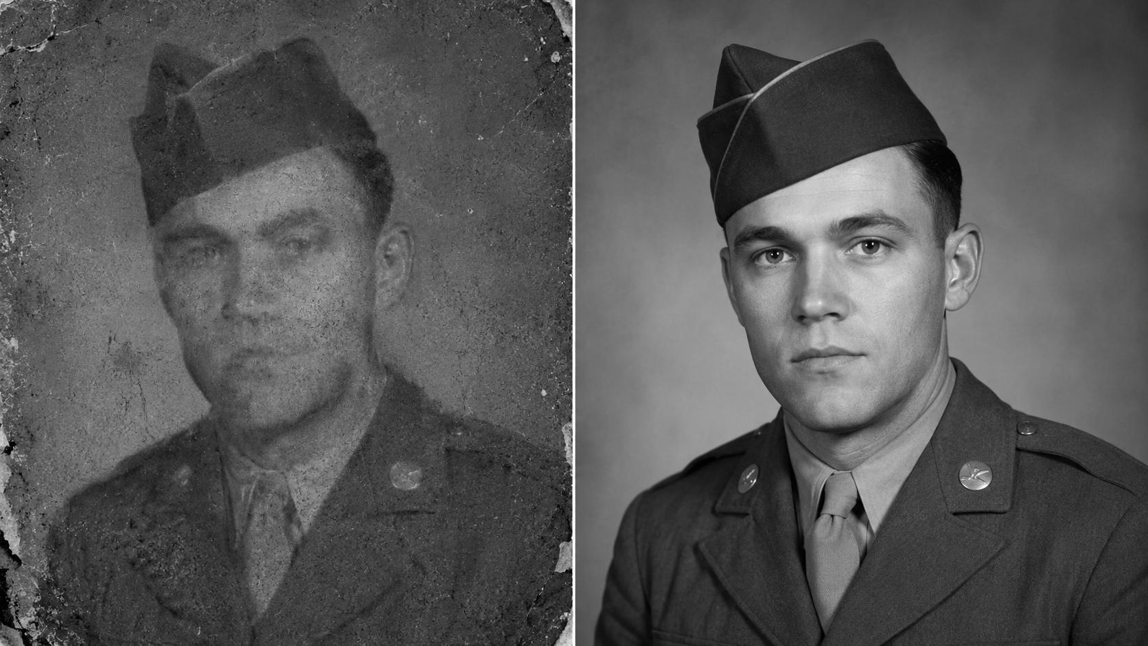 Damaged, faded old portrait on the left and the restored, sharpened photo on the right
