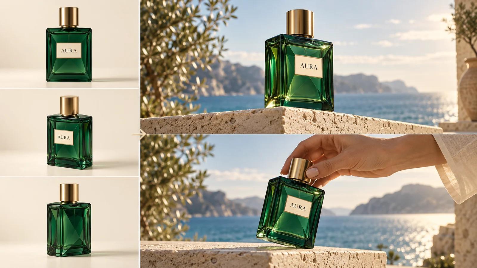 Three reference photos of a green perfume bottle beside matching coastal product shots, including a hand lifting the bottle.