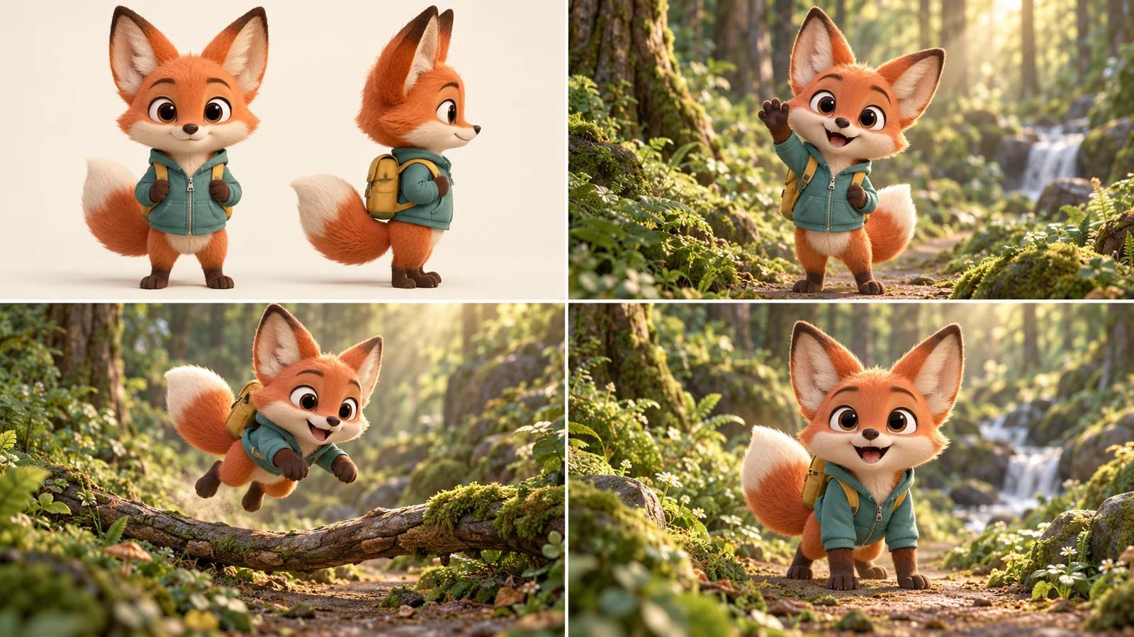 An orange fox mascot reference sheet alongside consistent waving, jumping, and landing poses in a forest.