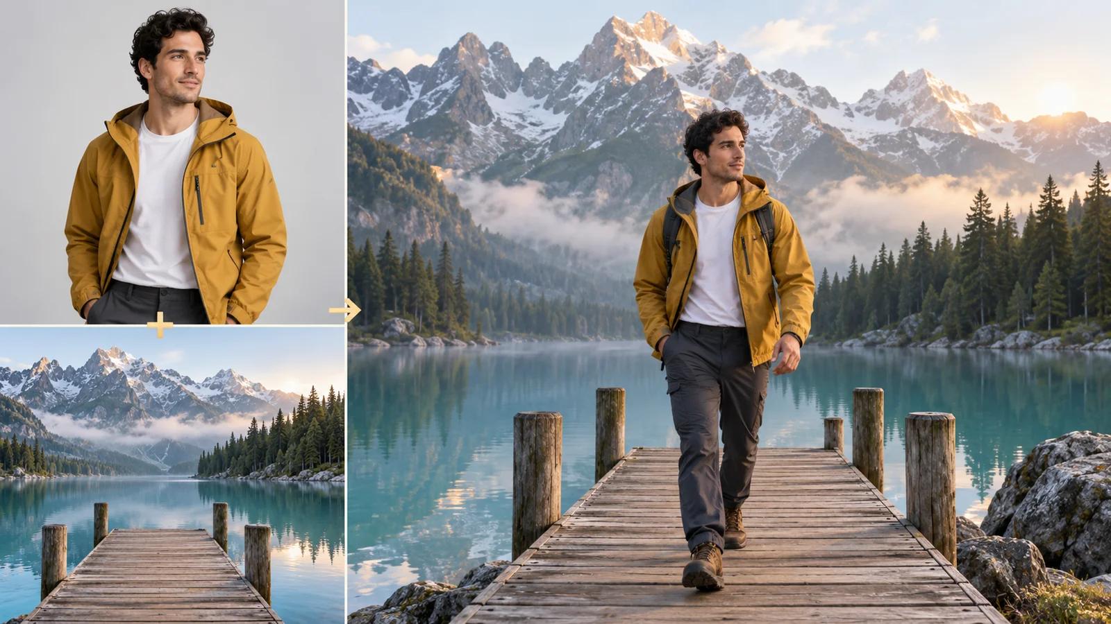 A traveler portrait and an alpine lake reference combined into a scene of the same traveler walking on the lakeside pier.