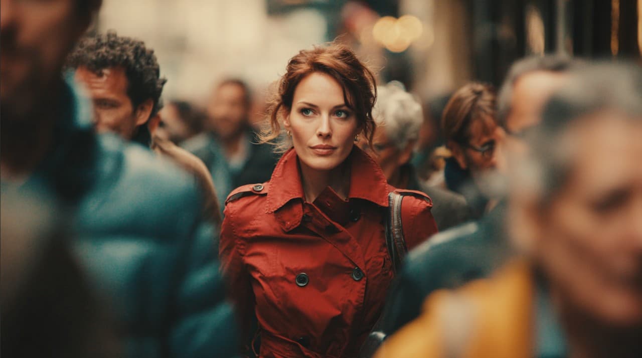 Woman in a red trench coat walking through a crowded city street