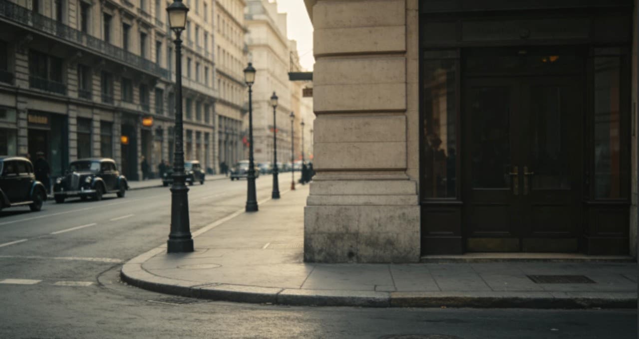 Empty Parisian street corner with iron lamp posts and a dark doorway