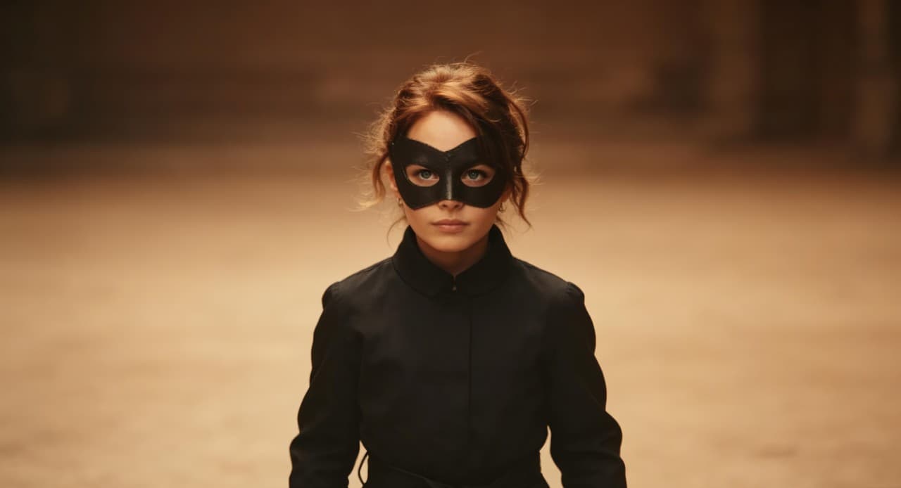 Woman in a black eye mask and black outfit, lit from behind