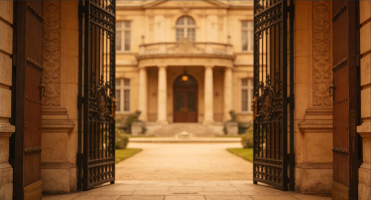 Ornate iron gate opening onto the courtyard of a grand mansion