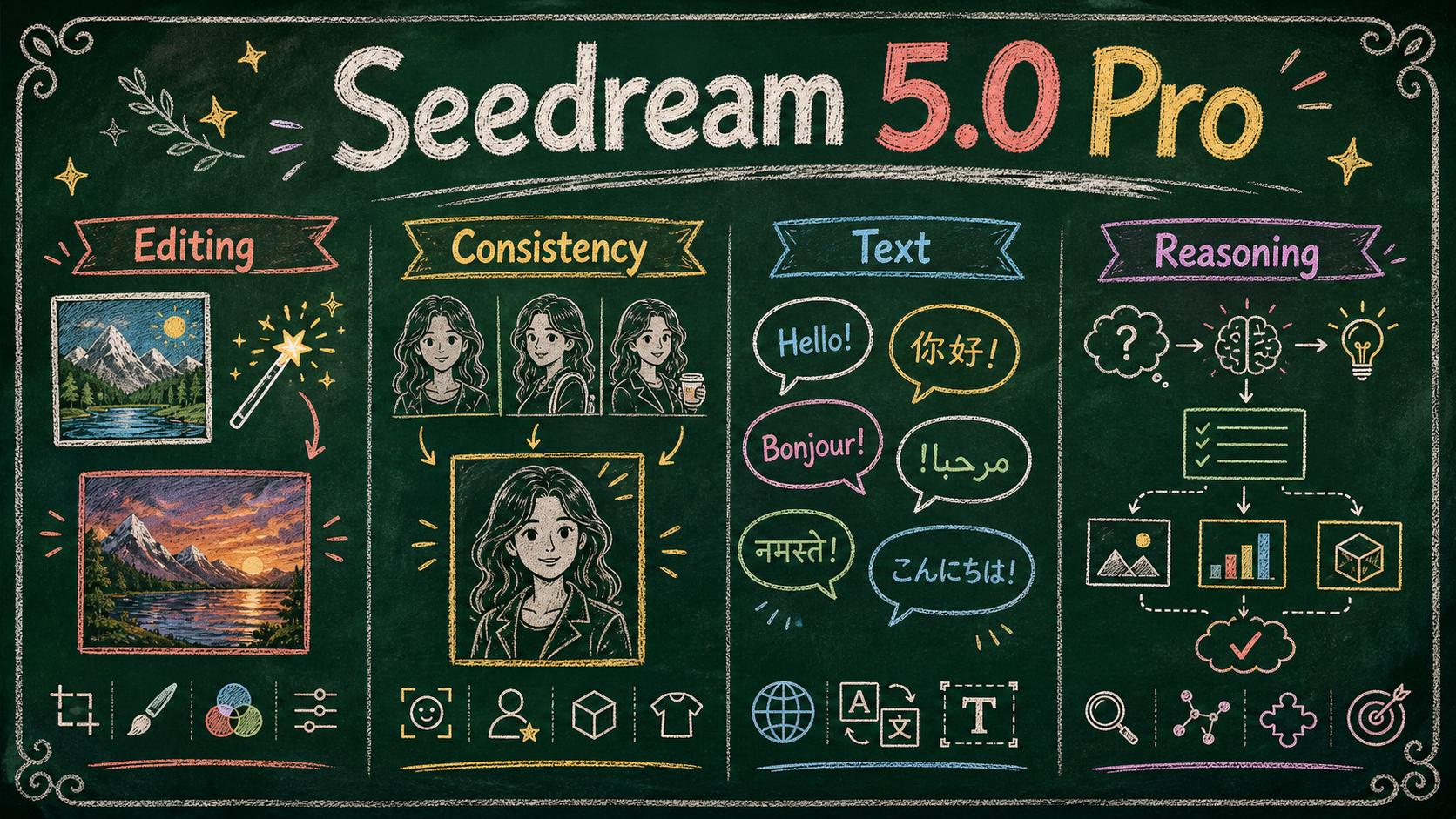 A chalkboard style Seedream 5.0 Pro infographic with hand-drawn sections for editing, consistency, text, and reasoning