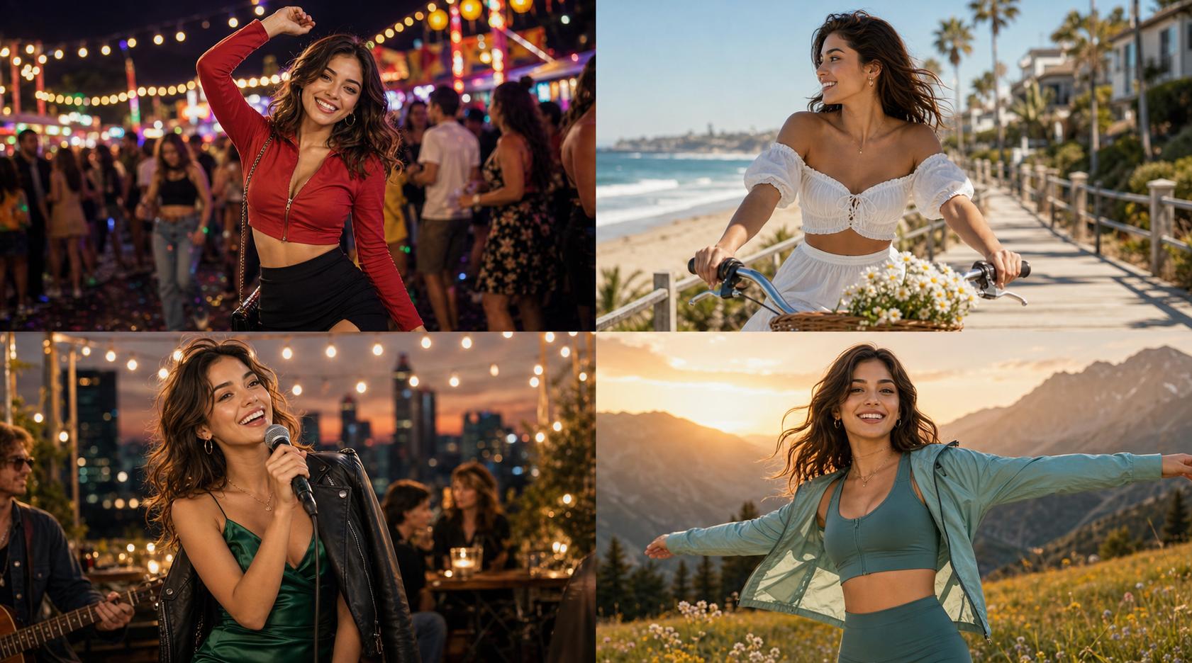 A two by two lifestyle grid showing the same young woman across four different scenes, outfits, and actions
