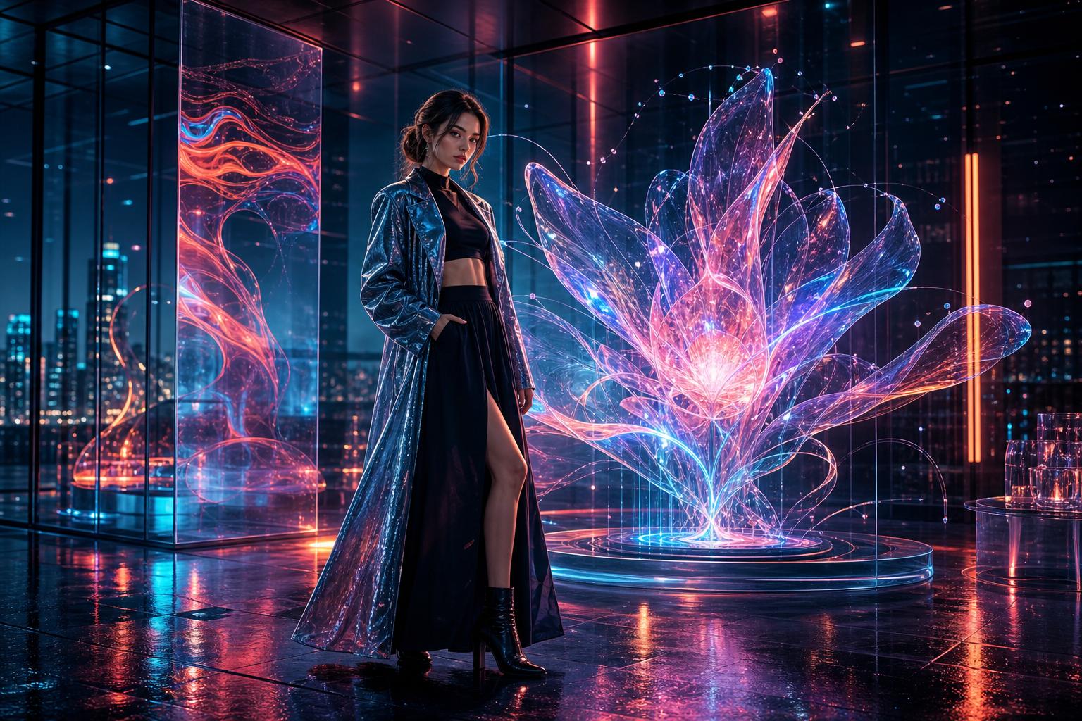 A futuristic fashion editorial scene with a model beside a luminous holographic flower sculpture