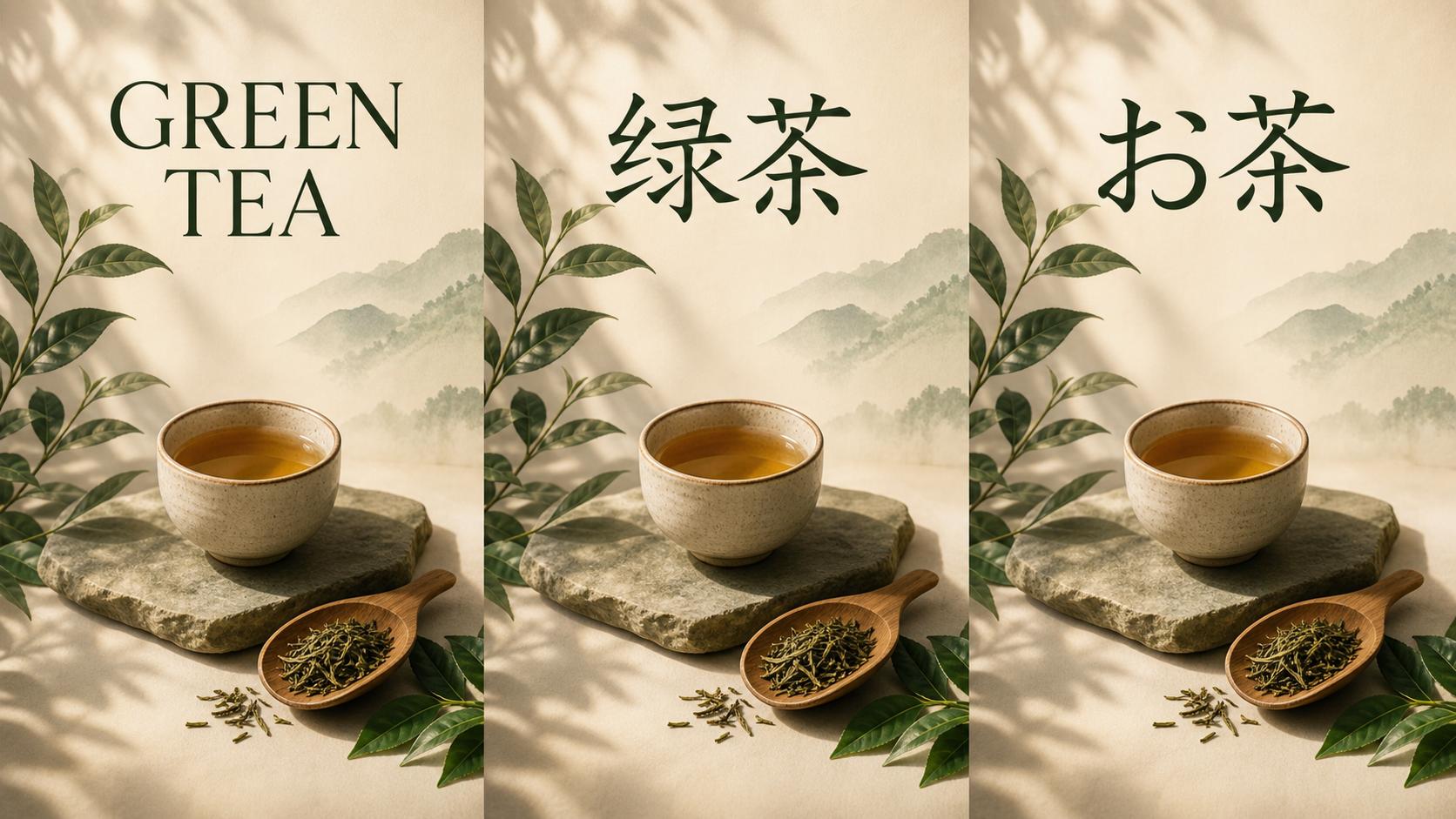 Three matching tea poster designs side by side with the headline rendered in different languages