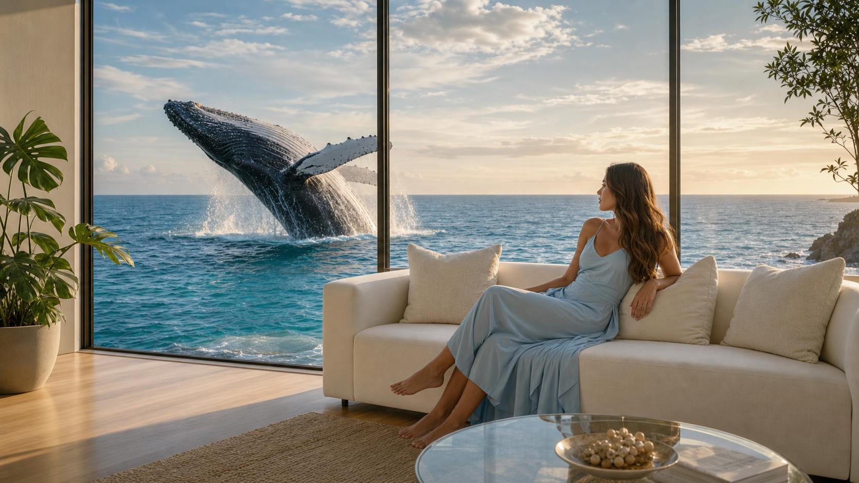 A realistic oceanfront living room scene with a woman watching a breaching whale through floor-to-ceiling windows