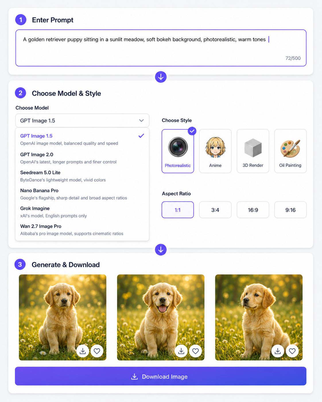 Step-by-step preview of creating an AI image from a text prompt in AIGenTools