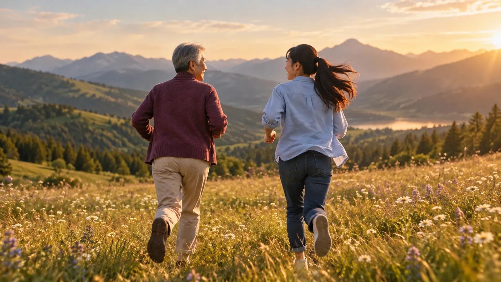 A silver-haired father and his adult daughter run side by side through a golden wildflower meadow toward distant mountains