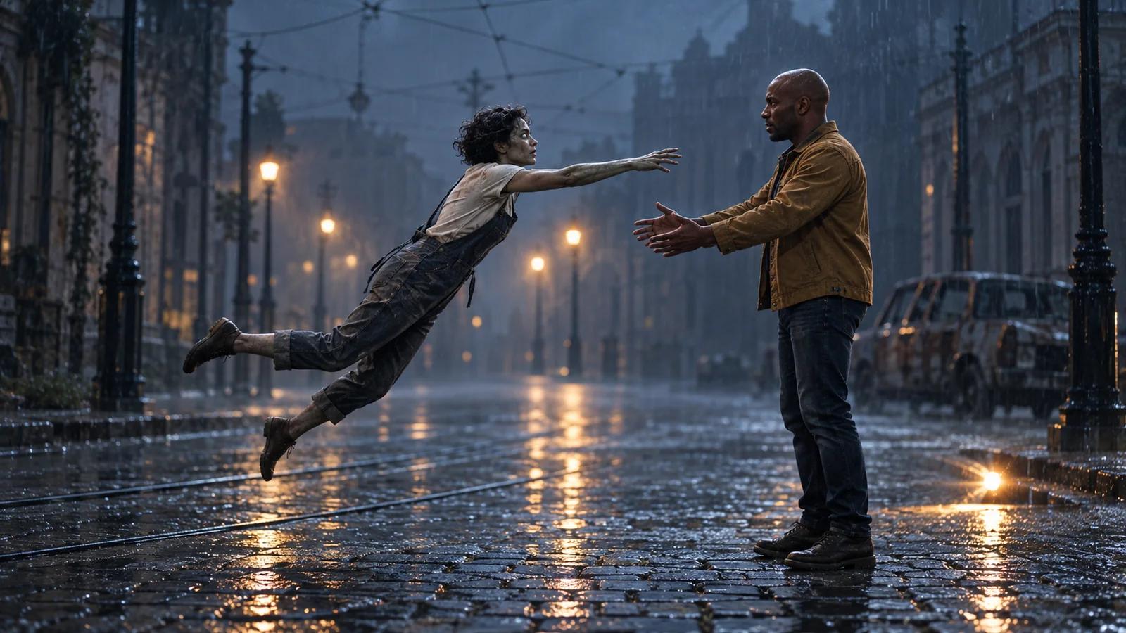 A zombie woman leaps across a rain-soaked street toward her partner, who waits with open arms just before they touch