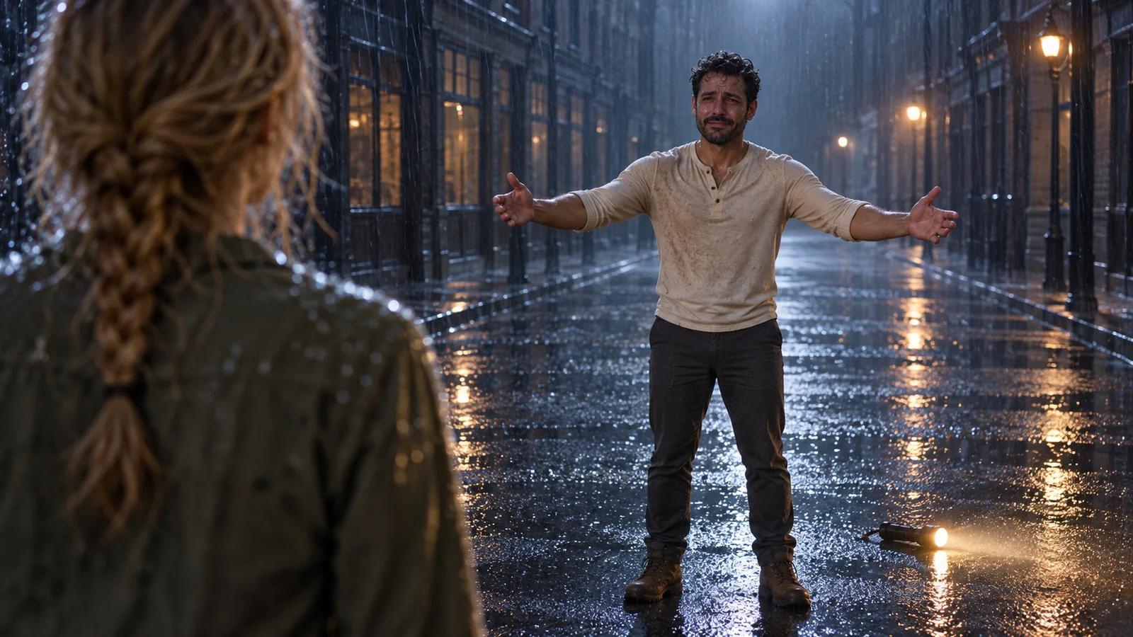 Seen over his zombie partner's shoulder, a man opens both arms on a rainy street with his lit flashlight lying on the wet pavement