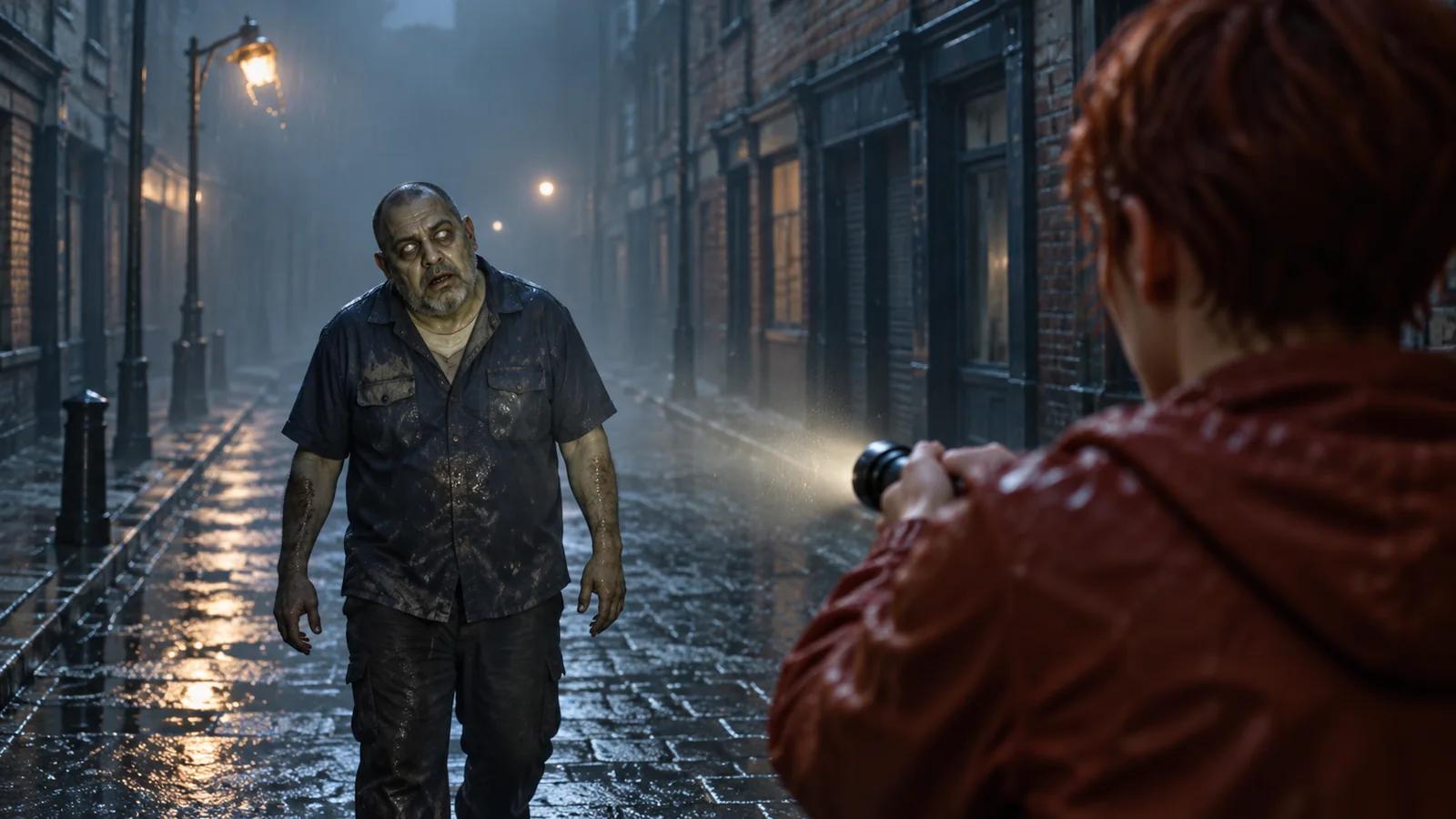 A flashlight reveals a zombie man through the rain, seen over the shoulder of his partner on a deserted brick-lined street