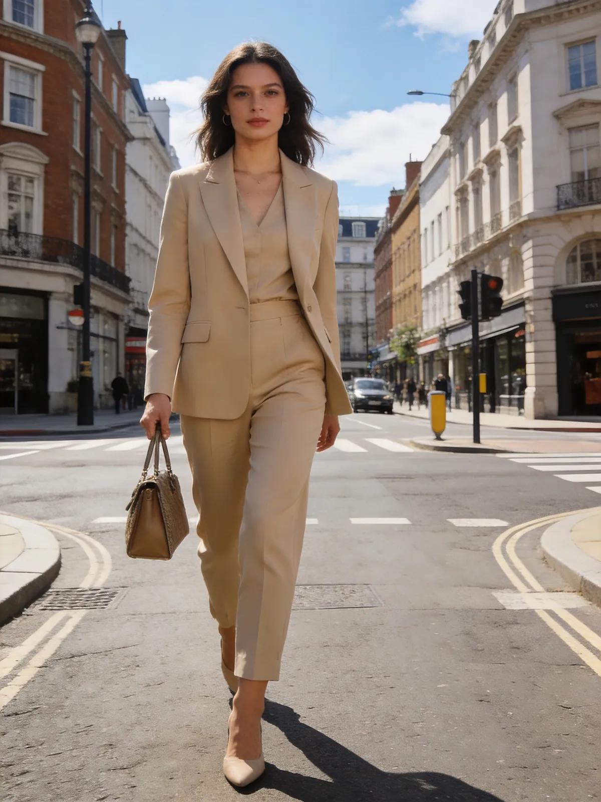 Woman in khaki work suit walking on a London street