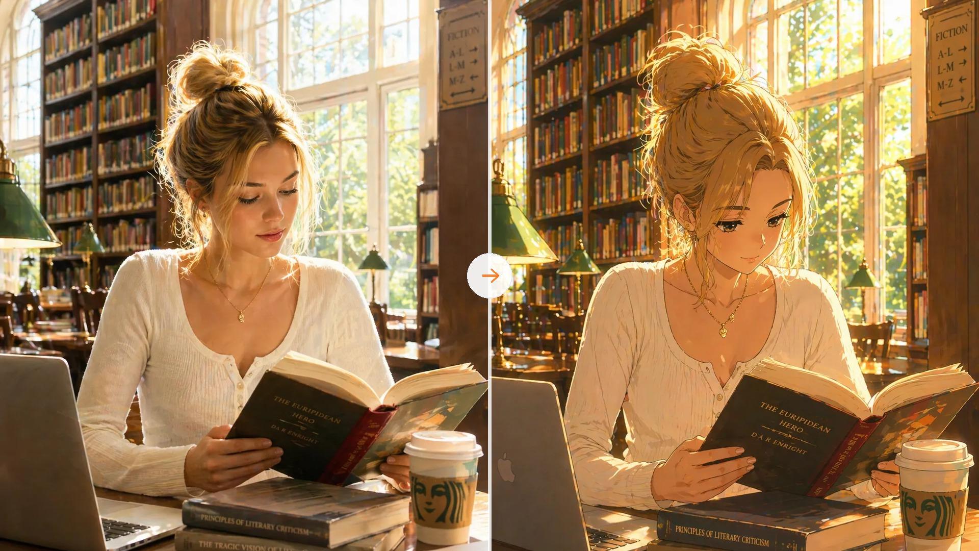 Before and after AI image to image transformation from a realistic library portrait to an illustrated cinematic style