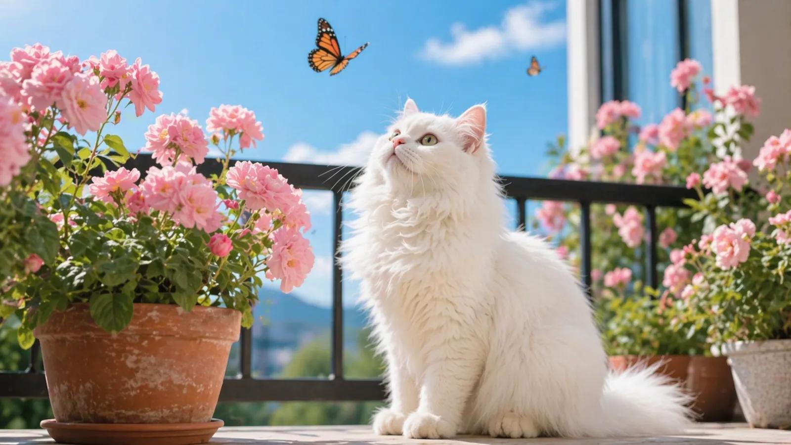 AI text-to-image render of a white cat on a sunlit balcony