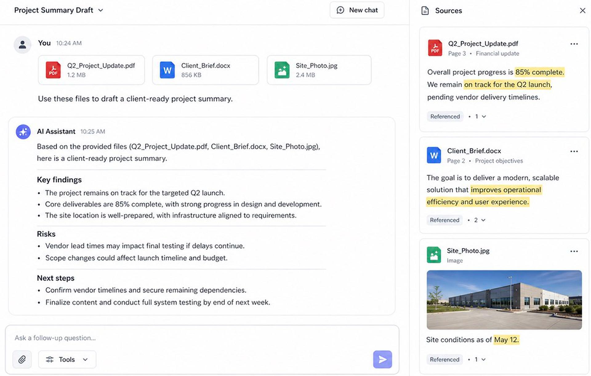 AI file chat interface referencing uploaded documents for a grounded answer