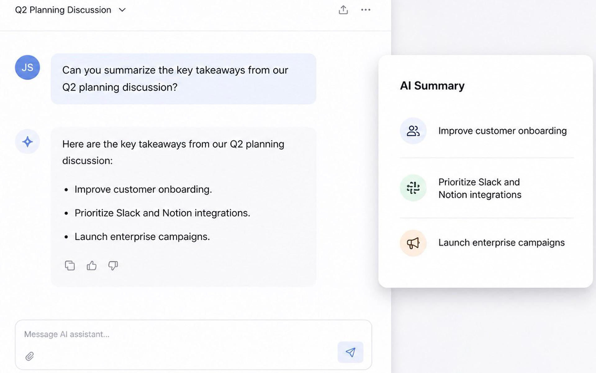 AI chat workspace summarizing a Q2 planning discussion into key takeaways