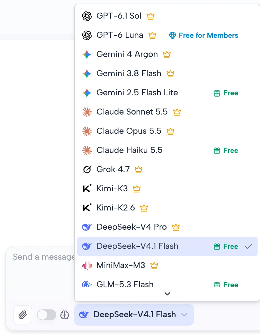 The model menu in AI Chat listing GPT-6.1 Sol, GPT-6 Luna, Gemini 4 Argon, Claude Sonnet 5.5, Claude Opus 5.5, Claude Haiku 5.5, Grok 4.7, Kimi-K3 and DeepSeek models