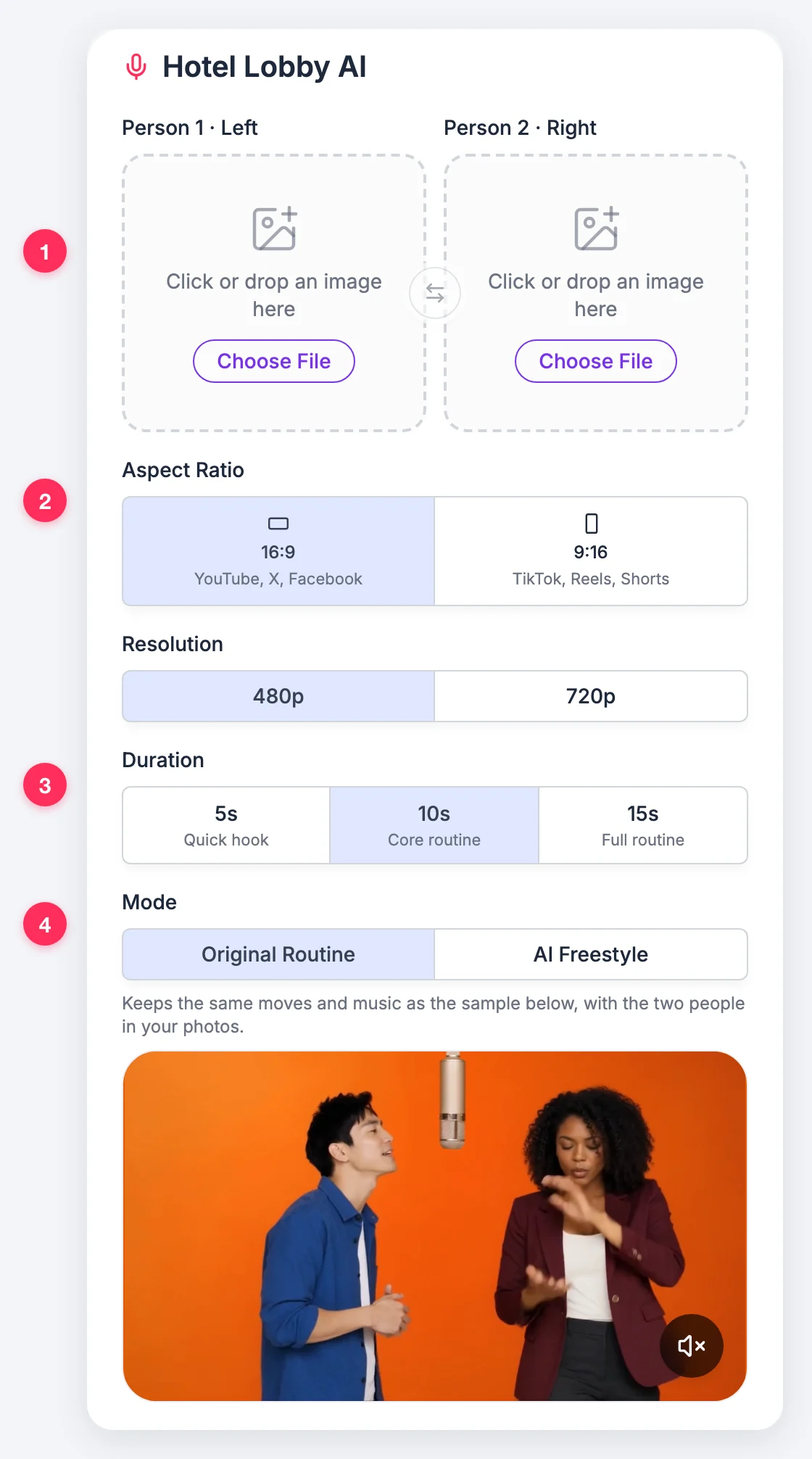 Hotel Lobby AI generator settings: two photo slots, aspect ratio, resolution, duration and mode